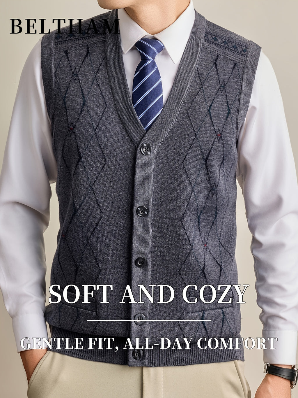 New Autumn Winter Men Thick Knit Vest, Ideal Gift for Dad And Husband, Knit Waistcoat with Pockets, Warm Cold Resistant Soft Comfortable Sweater Vest, Minimal Elegant Versatile Top for Daily Casual Business Sports Camping Wear - Medium Gray