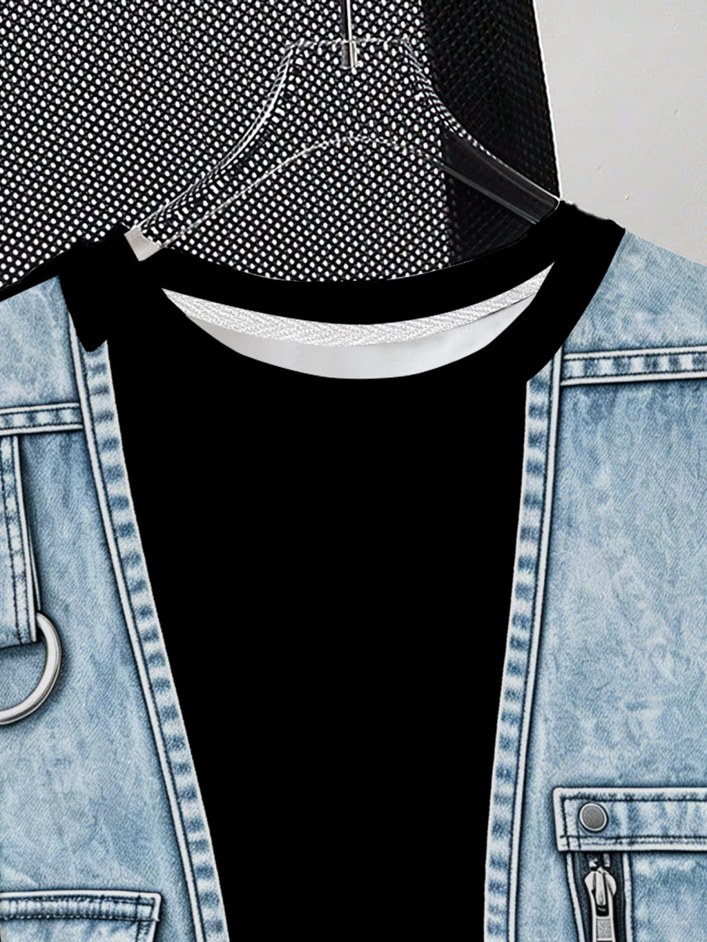 Men'S Faux Two-Piece Faux Denim Vest Print Round Neck Short Sleeve T-Shirt, Individual Trendy Street Style Casual Top (Corresponding to Specific Visual Misleading Effect Type) - Mixed colors