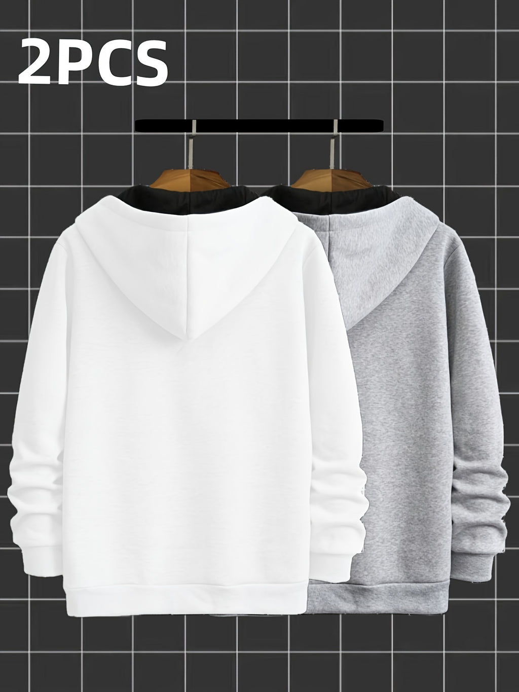 2pcs Novelty Diagonal Zipper Hoodie, Men's Casual Stretch Hooded Sweatshirt Jacket, Men's Sportswear - White and Grey