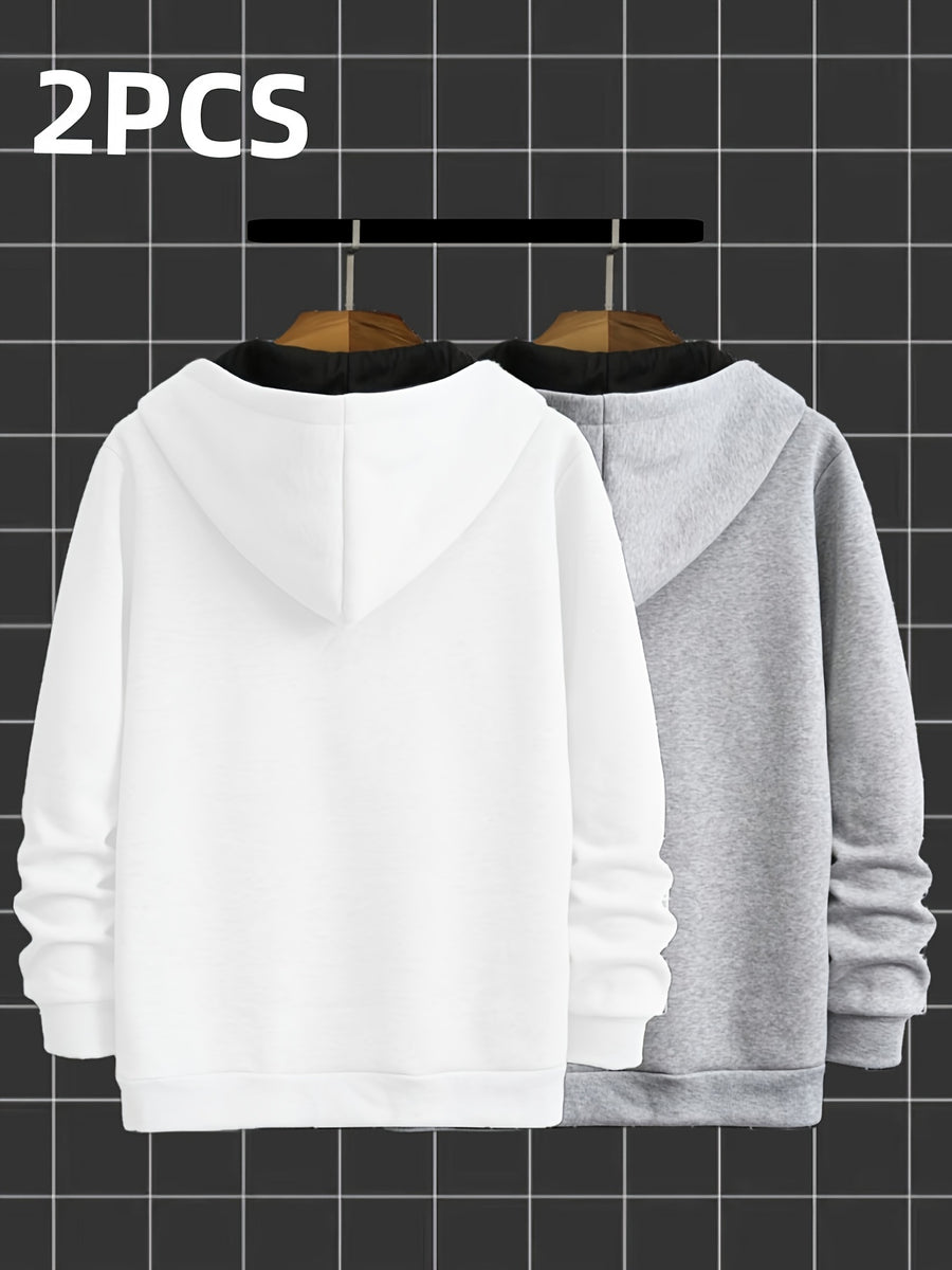 2pcs Novelty Diagonal Zipper Hoodie, Men's Casual Stretch Hooded Sweatshirt Jacket, Men's Sportswear - White and Grey