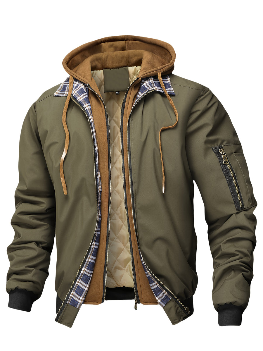 Spring Autumn Men'S Jacket Outerwear Plaid Hooded Cardigan Sports Casual Preppy Fashion - Olive Green Color
