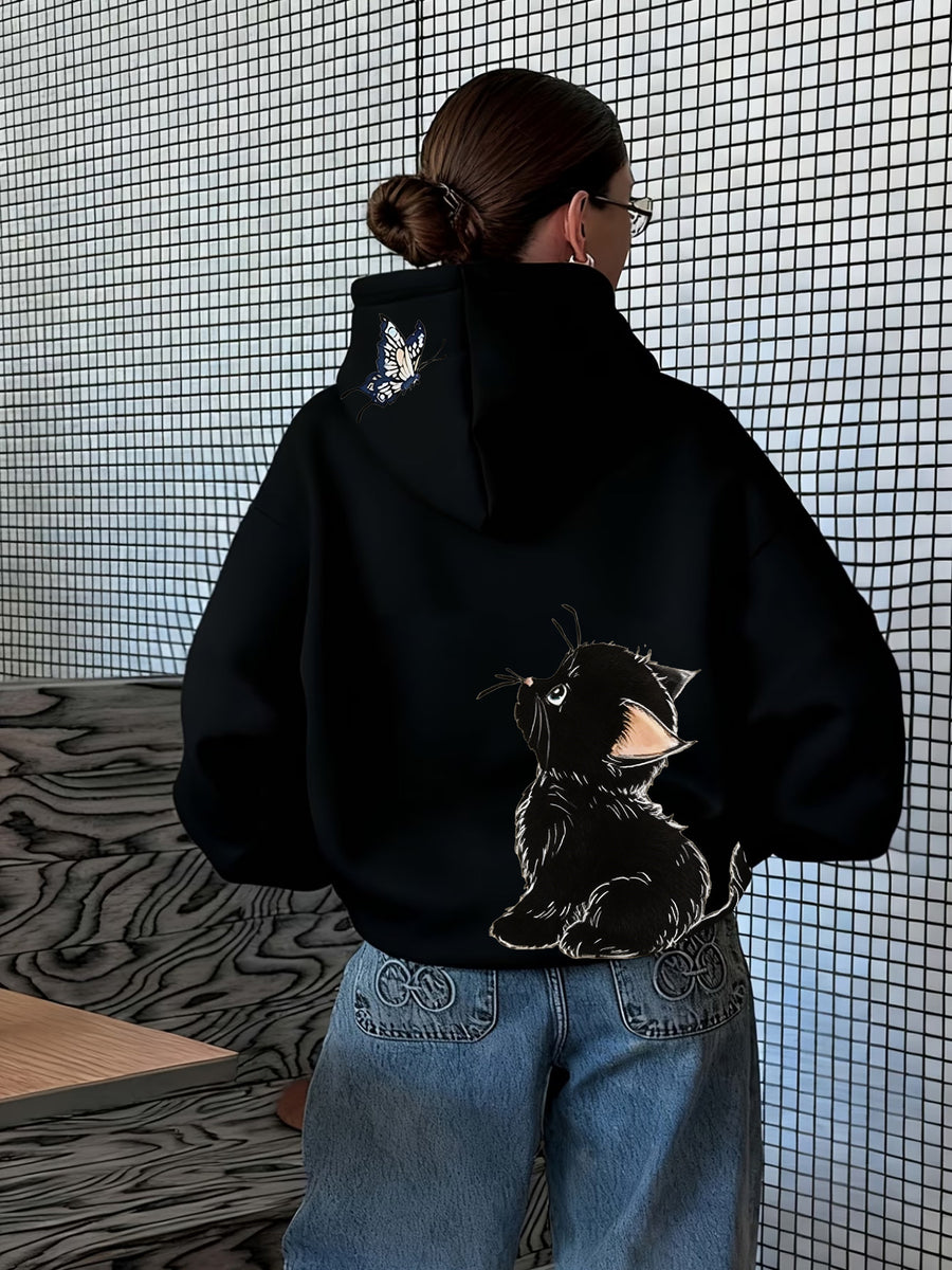 Fun 1pc Hooded Sweatshirt with Hand-Drawn Cute Little Black Cat Illustration Featuring a Butterfly, Pet Element, and Adorable Style Apparel Print - Black