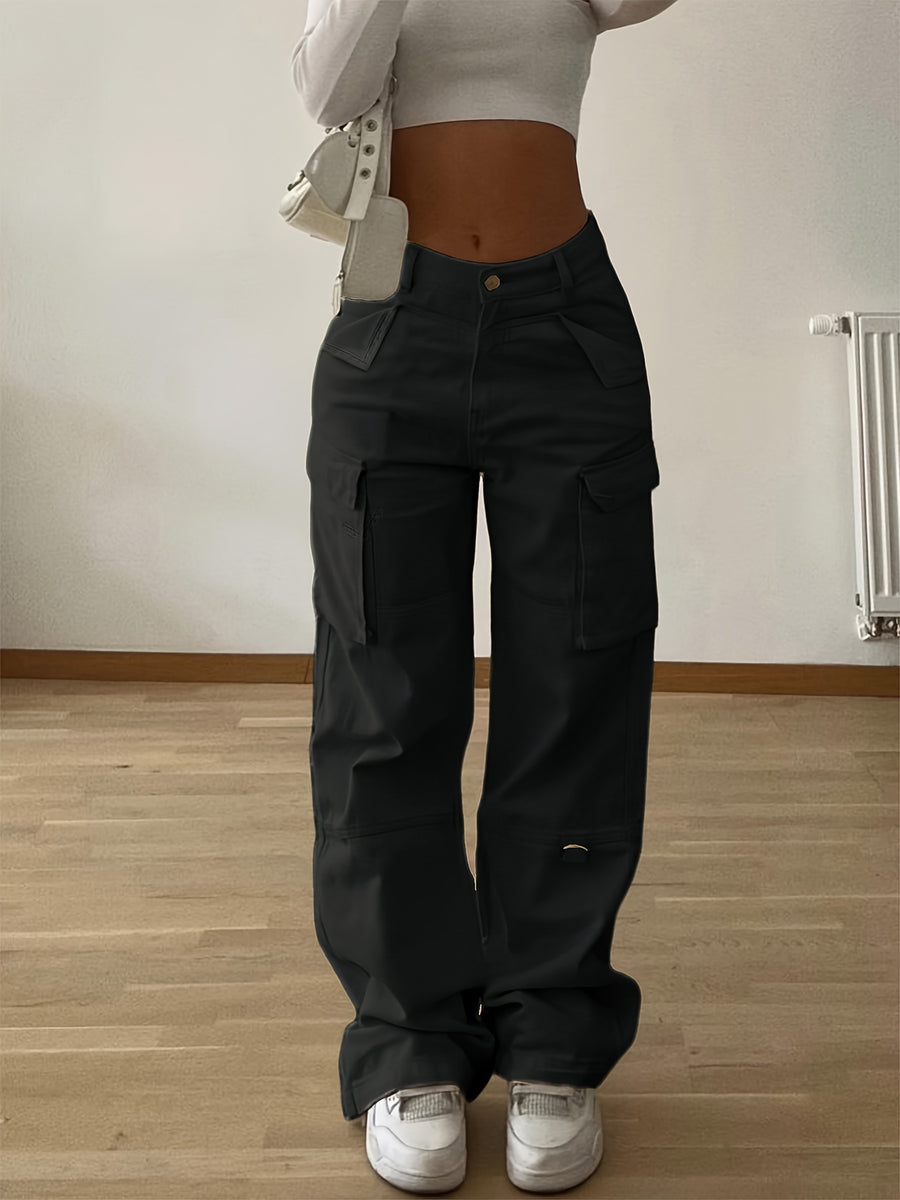 Designer Cargo Pants with Flap Pockets, Women's Elegant Casual Solid-color Trousers, Women's Pants - Black
