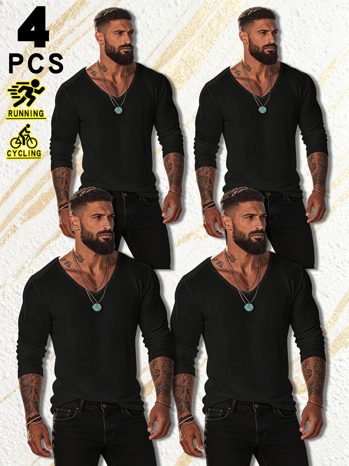4pcs New Men's Tops, Fashionable Sporty V-Neck Long Sleeve, Spring/Summer Casual, Comfortable, Dry, Breathable, Trendy, Casual, Premium, Simple - Mixed Color 2