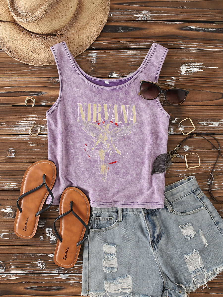 Ladies' Fashion Trend Fried Snowflake Washed - Angel Creative Pattern Printed Sleeveless Vest - Purple