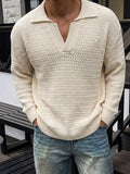 Autumn/Winter 26 New Style Solid Color Three-Dimensional Texture Mature Style Y-Shaped Lapel Knit Sweater Men's Long Sleeve Pullover Apricot Sweater - Apricot