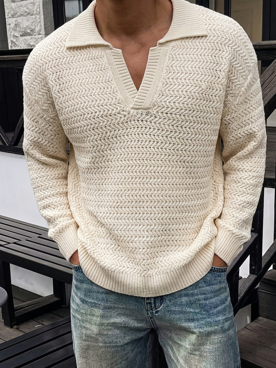 Autumn/Winter 26 New Style Solid Color Three-Dimensional Texture Mature Style Y-Shaped Lapel Knit Sweater Men's Long Sleeve Pullover Apricot Sweater - Apricot