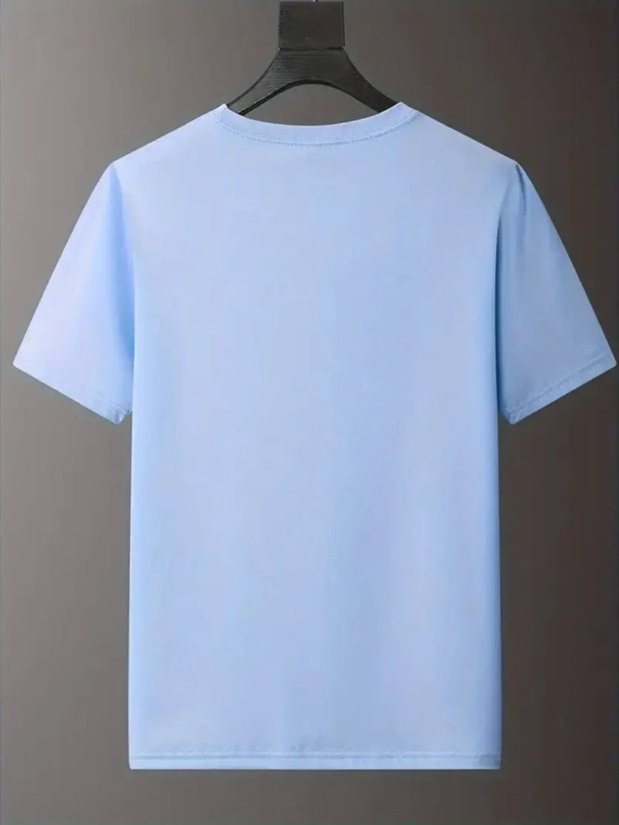 Men'S Casual Classic Sleeve Print T-Shirt with Text, Round Neck Comfortable Polyester Fabric, Stylish Streetwear for Daily Wear, Men'S Fashion - Light Blue