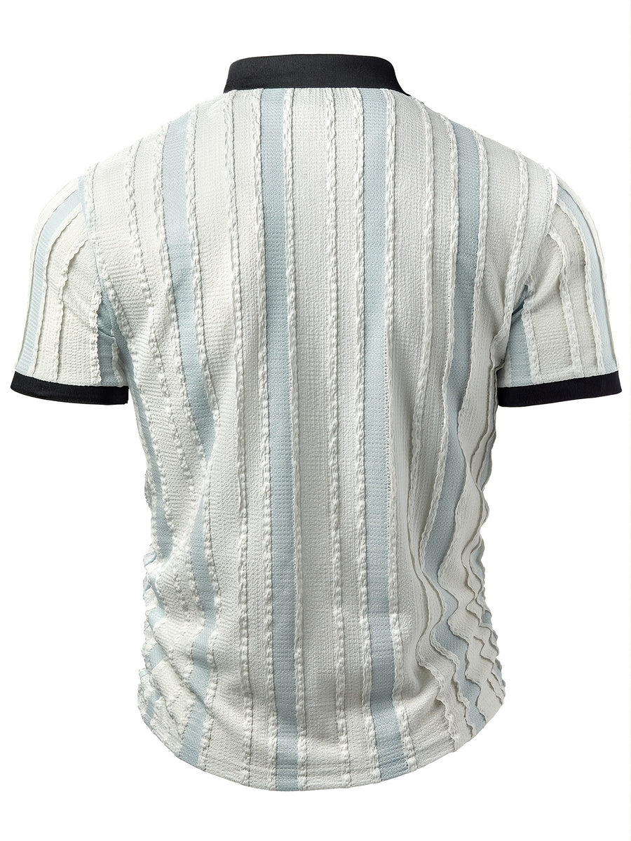 Men's Fashion Casual Old Money Style Two-Tone Striped Polo Shirt Short Sleeve - Photo Color