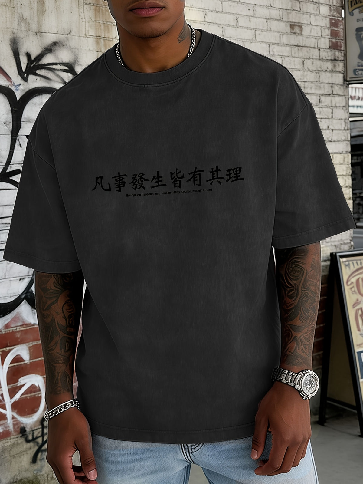 Men's Loose-Fit Washed Distressed Short-Sleeve Cotton T-Shirt Top, Trendy Reversible Double-Sided Print, 12 Colors for  Mix & Match, Minimalist "Everything Happens for a Reason" Chinese Character & Foreign Language Combination Print, National Chic - Black