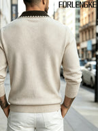 FORLENGKE Stylish Elegant Men'S Business Casual Color Block Lapel Polo Knit Sweater, Soft Skin-Friendly Thick Long Sleeve Pullover for Fall Winter Office Daily Wear - Apricot