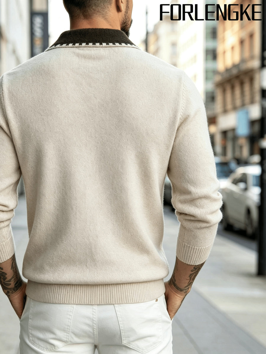FORLENGKE Stylish Elegant Men'S Business Casual Color Block Lapel Polo Knit Sweater, Soft Skin-Friendly Thick Long Sleeve Pullover for Fall Winter Office Daily Wear - Apricot