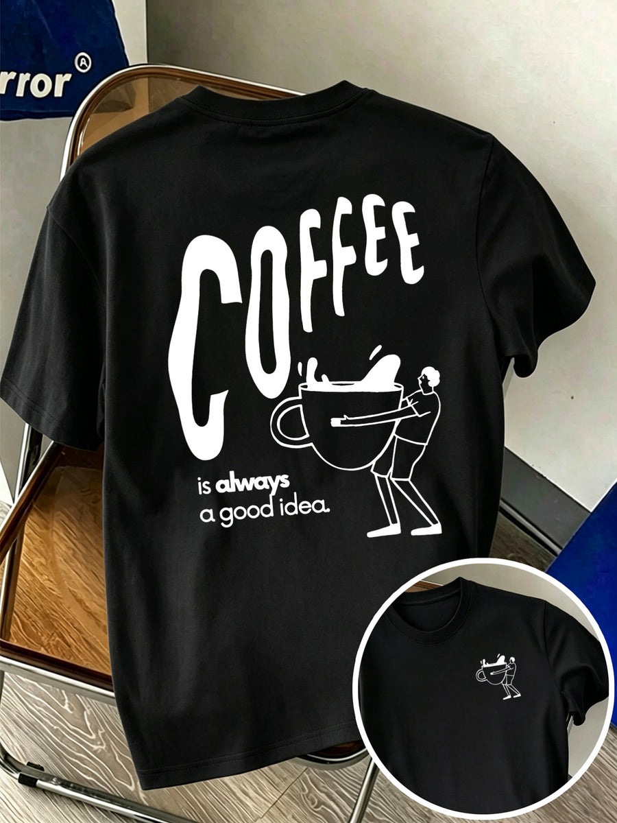Men'S 100% T-Shirt, Coffee Character Print, Soft Breathable Comfortable Casual, All-Season Daily Commute - Black