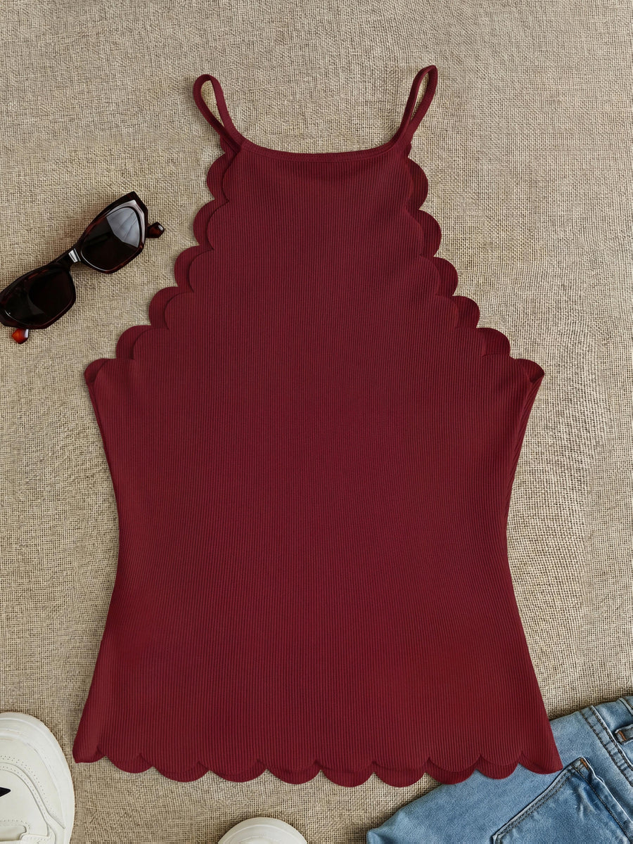 Solid Color Off-The-Shoulder Petal Trim Sleeveless Top, Western Style Women'S Easy Spicy Outfit, Spring Summer Niche Cool Outer Layer Base Layer Off-Shoulder Vest - Red