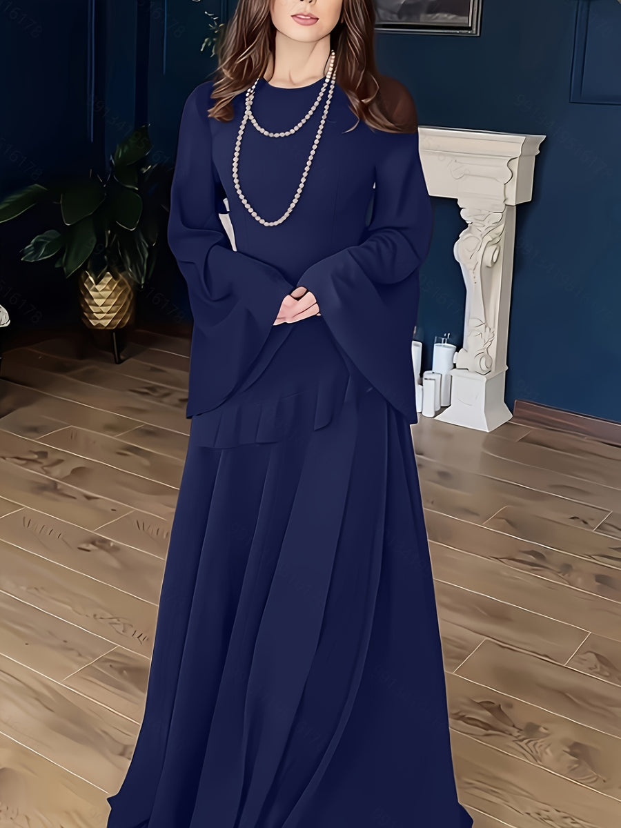 [Ramadan] Spring Summer Autumn New Soft Elegant Ruffled Temperament Trumpet Long Sleeve Dress [LL168] - Navy blue color
