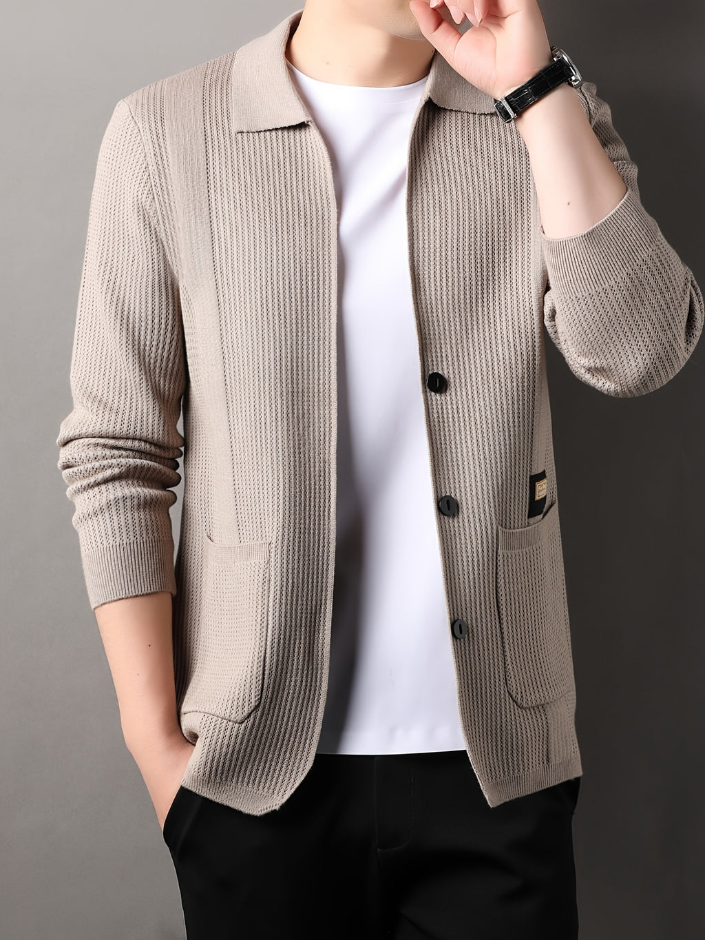 Men's Air-Layer Jacquard Cardigan -Front Lapel - Warm Winter Outerwear Suitable for Fall/Winter, Casual -Front Door Collar, Hand Washable Solid Color Blazer - Camel