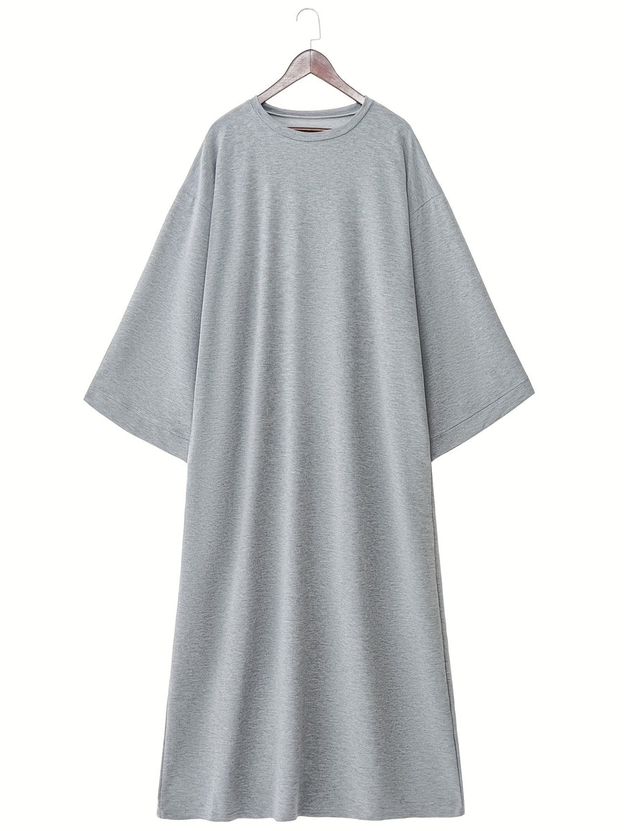 1pc Middle Eastern Sweatshirt Dress, Muslim Minimalist Solid Color Dress, Saudi Arabia Women's Elegant Round Neck Cover-Up Casual Inner Wear Dress with Pockets - Grey