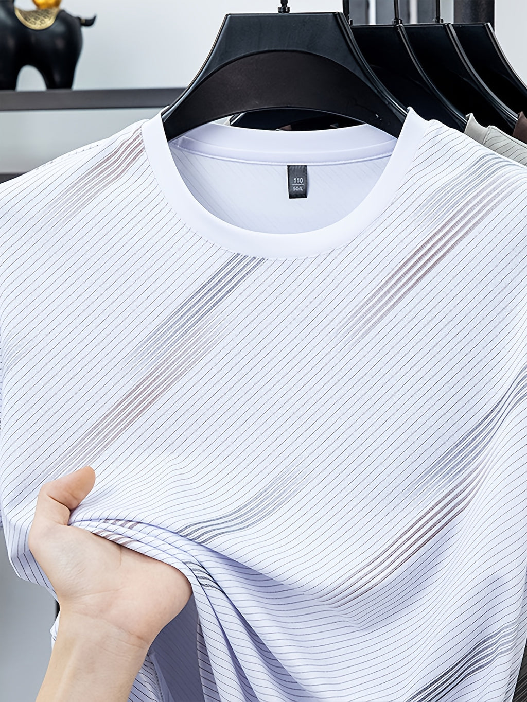 Men's Breathable Mesh Short Sleeve T-Shirt - Lightweight Non-Stick Summer Shirt Suitable for Business Casual & Casual Attire, Round Neck Striped Style (No Belt) for Office, Travel, Layering - Non- Round Neck - White