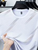 Men's Breathable Mesh Short Sleeve T-Shirt - Lightweight Non-Stick Summer Shirt Suitable for Business Casual & Casual Attire, Round Neck Striped Style (No Belt) for Office, Travel, Layering - Non- Round Neck - White