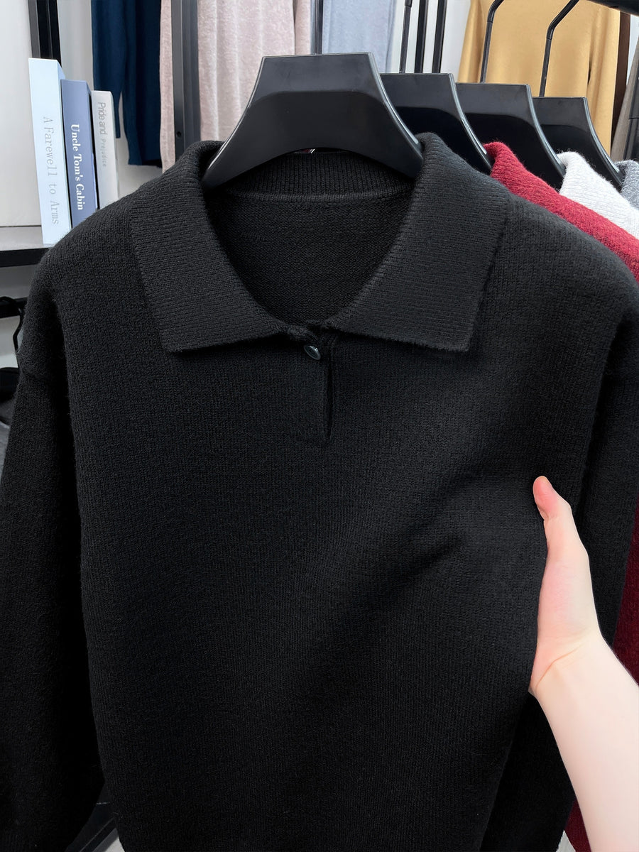 Single-piece Mature Business Men's Polo Shirt, Men's Polo Collar Knit Top, Half-Button Placket Design, Fine and Soft Knitted Texture, Ribbed Cuffs and Hem, Simple Commuting Vintage Style, Suitable for Spring, Autumn, and Winter Wear - Black