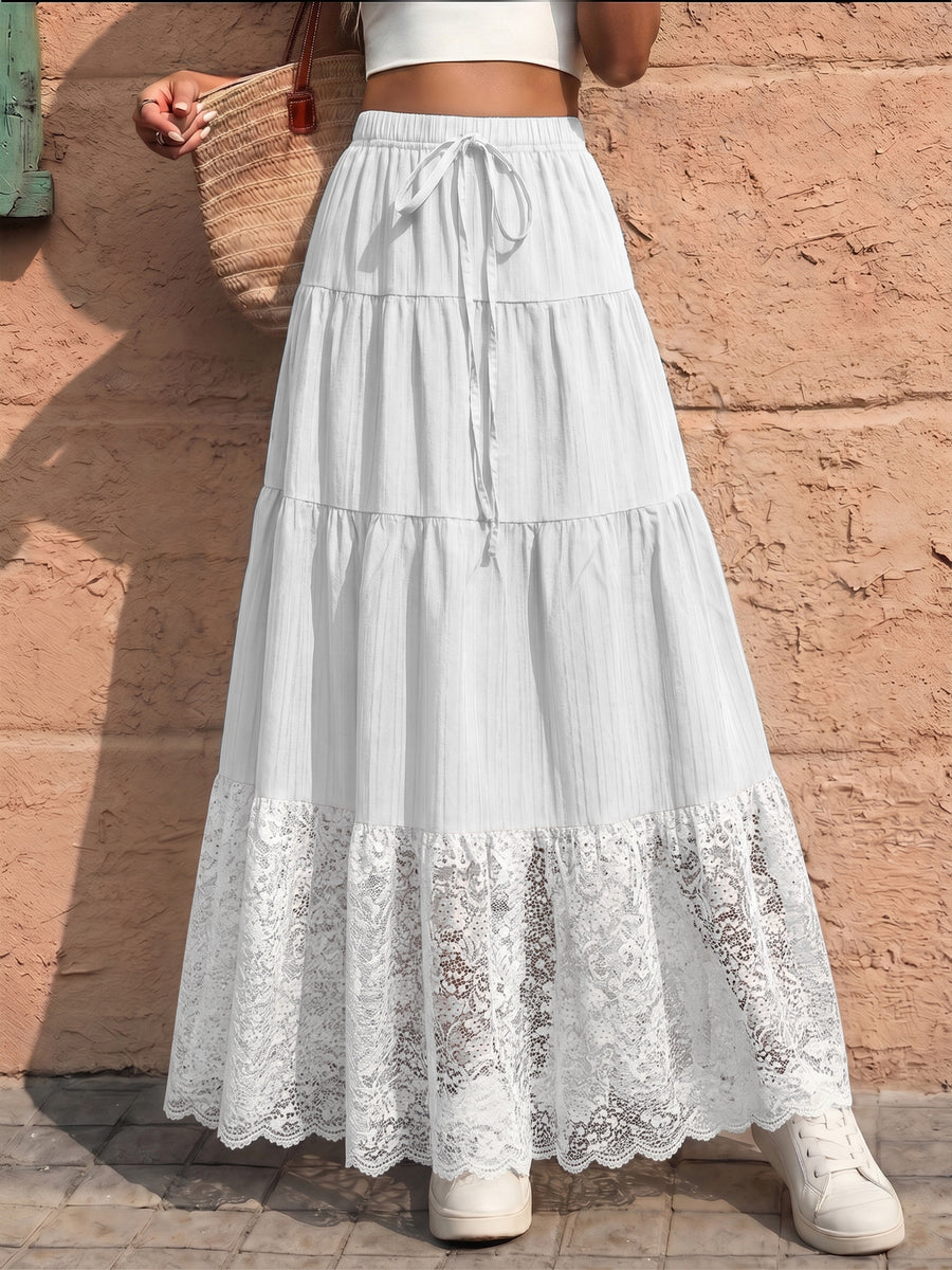 Spring/Summer Solid-Color Drawstring-Detail Cake-Style Long Skirt with Lace Panel Design Perfect for Vacations Casual Wear and Commuting - White