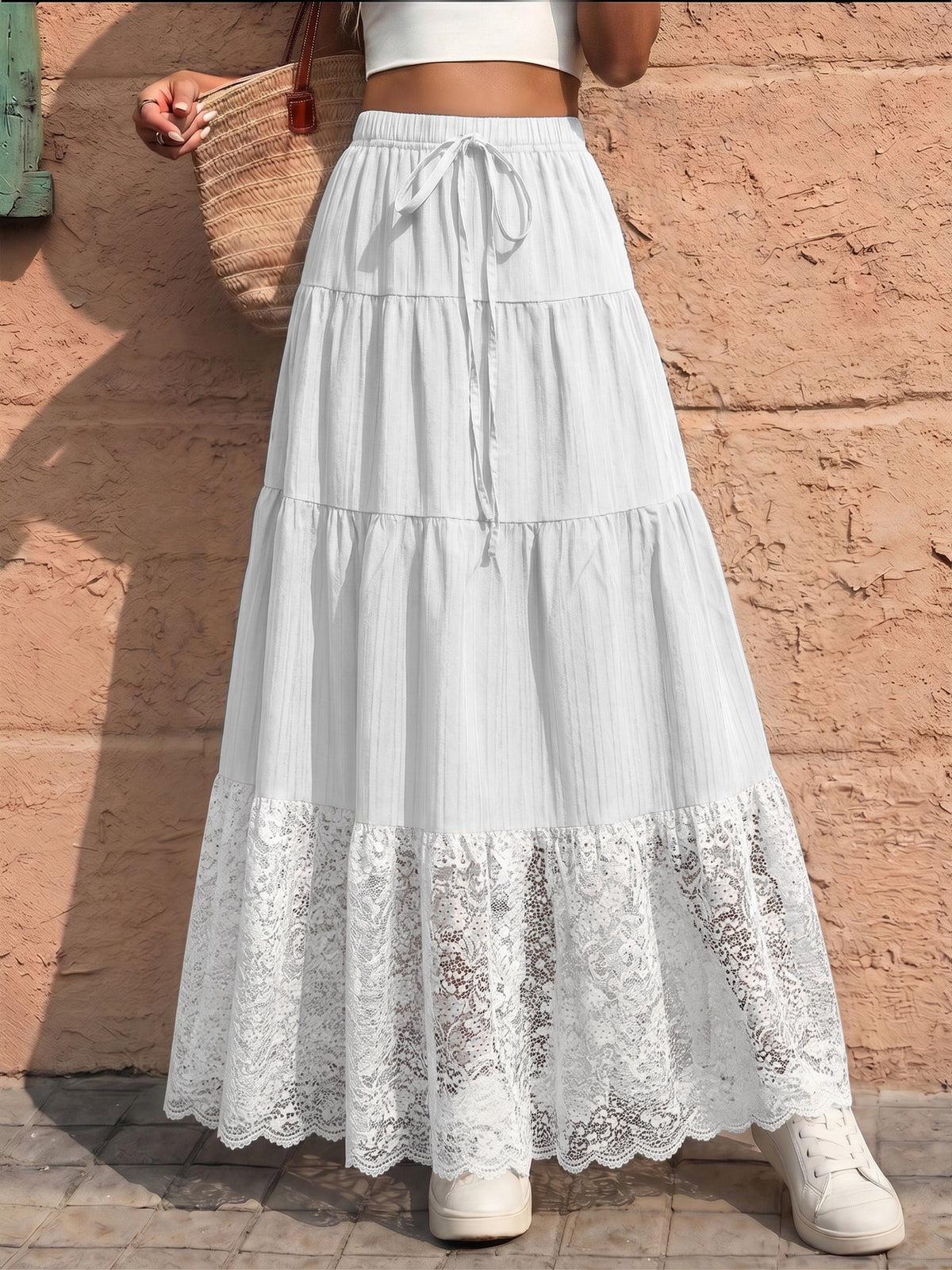 Spring/Summer Solid-Color Drawstring-Detail Cake-Style Long Skirt with Lace Panel Design Perfect for Vacations Casual Wear and Commuting - White