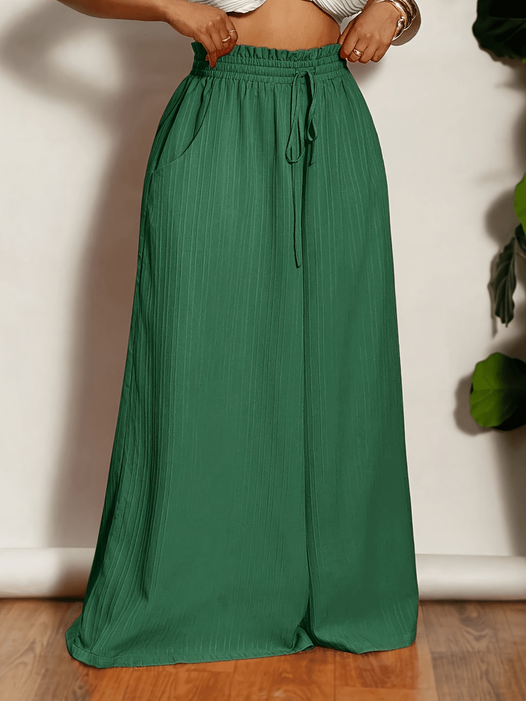Plus Size, Plus-size Women's Casual Wide-leg Flared Pants with Pocket and Drawstring Design - Green