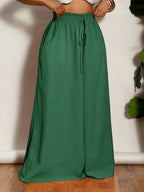 Plus Size, Plus-size Women's Casual Wide-leg Flared Pants with Pocket and Drawstring Design - Green