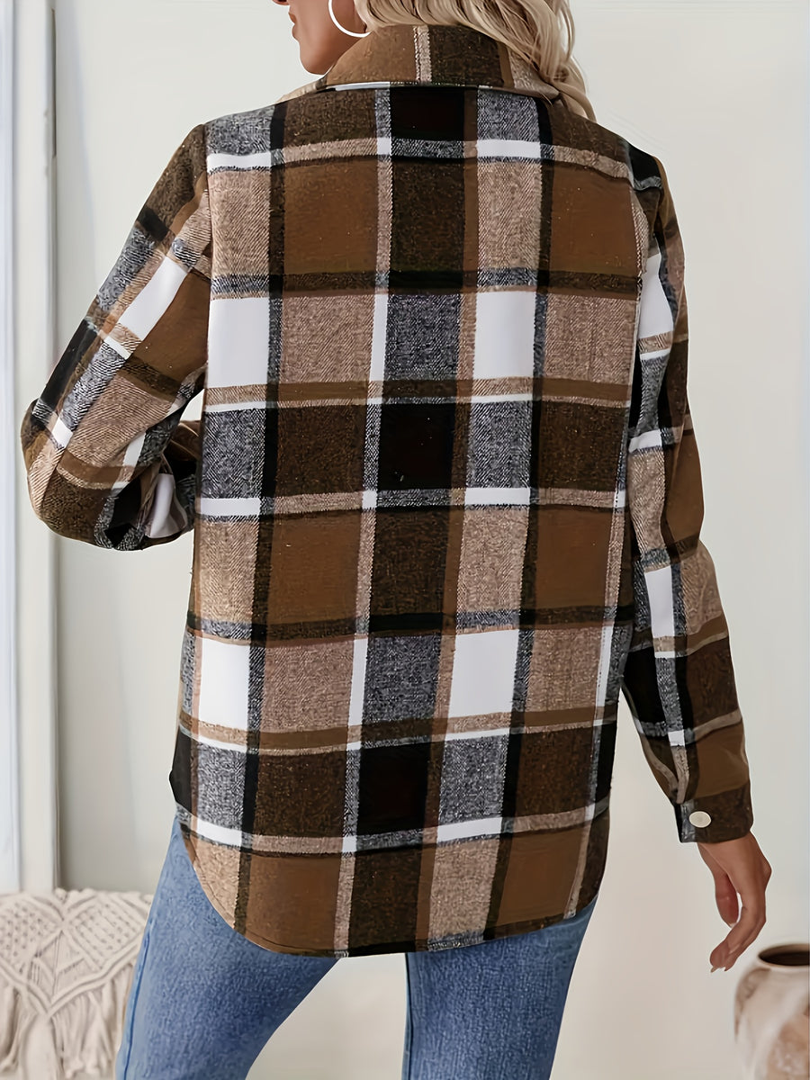 Women's Elegant Plaid Jacket, -Lined for Warmth, Button-Up Lapel with Pockets, Thick Plaid Print Casual Shirt, Layered Plaid Print Composite Casual Women's Autumn/Winter Shirt Jacket - Coffee Color