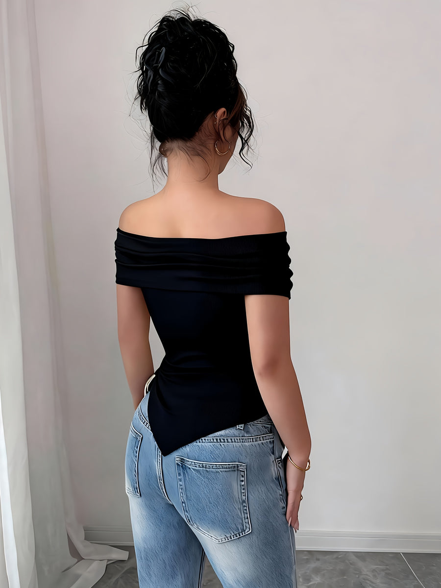 Women'S One-Shoulder Cross Strap Off-The-Shoulder Top, Asymmetrical Hem with Side Drawstring, Slim Fit, Suitable for Commuting, Casual And Versatile - Black
