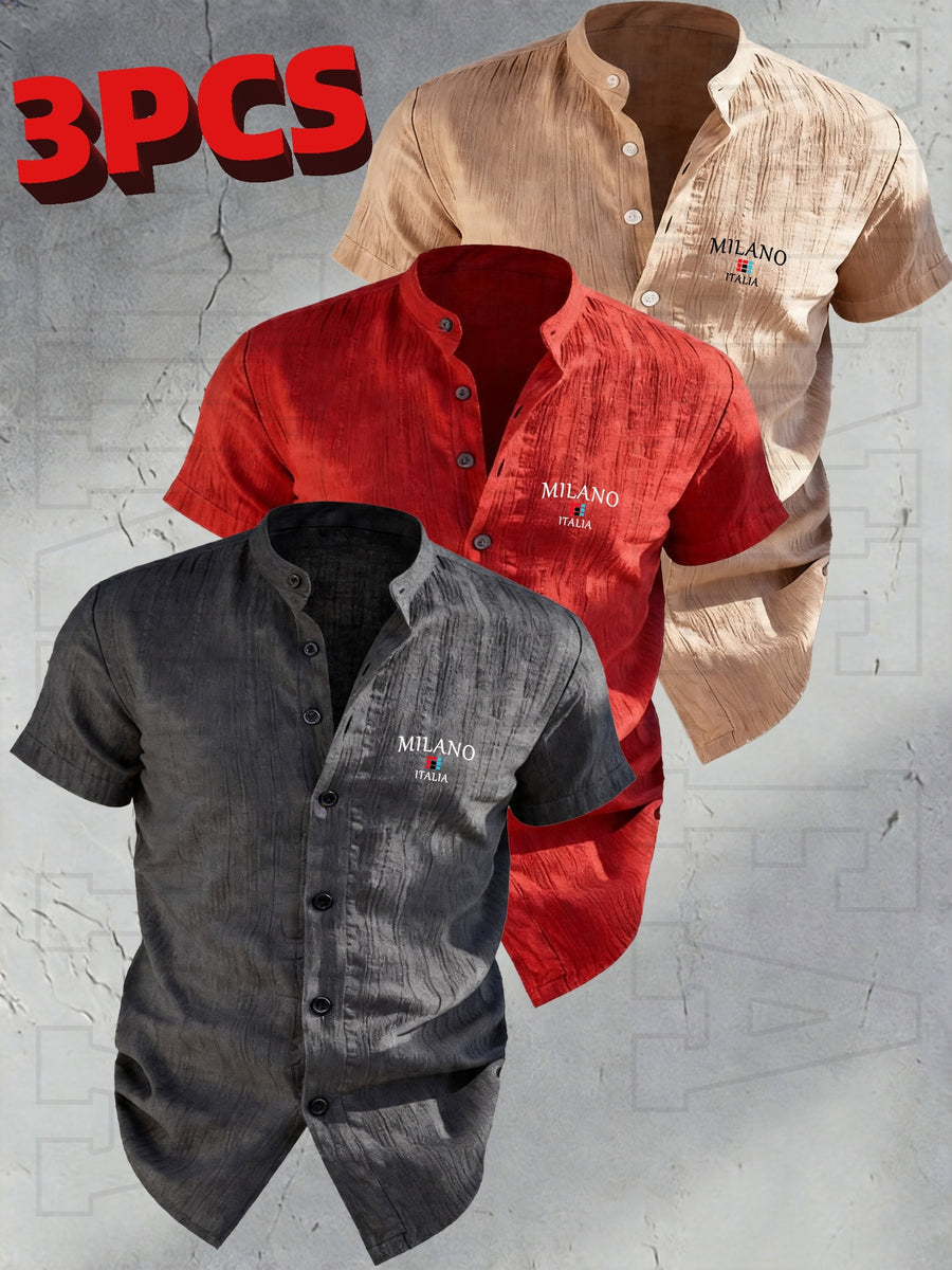 Josh Rose OBOM | Lightweight and Breathable Solid-color Button- Shirt with Geometric Pattern, Featuring a Simple Stand-up Collar Design. Suitable for Beach Vacations, Pool Parties, and Casual Wear. Comfortable and Simple for Daily Outings - Gray + Red + Earth Yellow