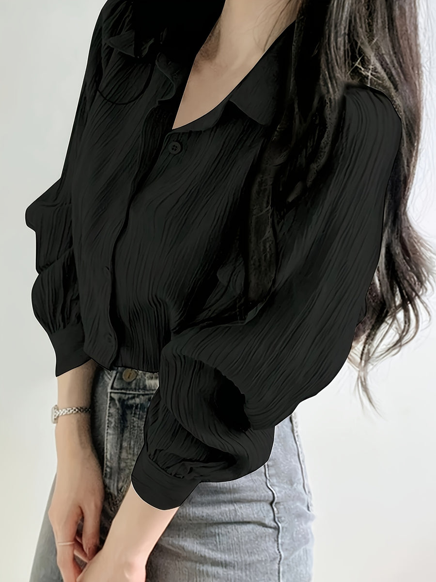 Solid Color Shirt Women'S French Long Sleeve Blouse Jacket Autumn Winter Thin Women'S Clothing Design-Oriented Shirt Top - Black