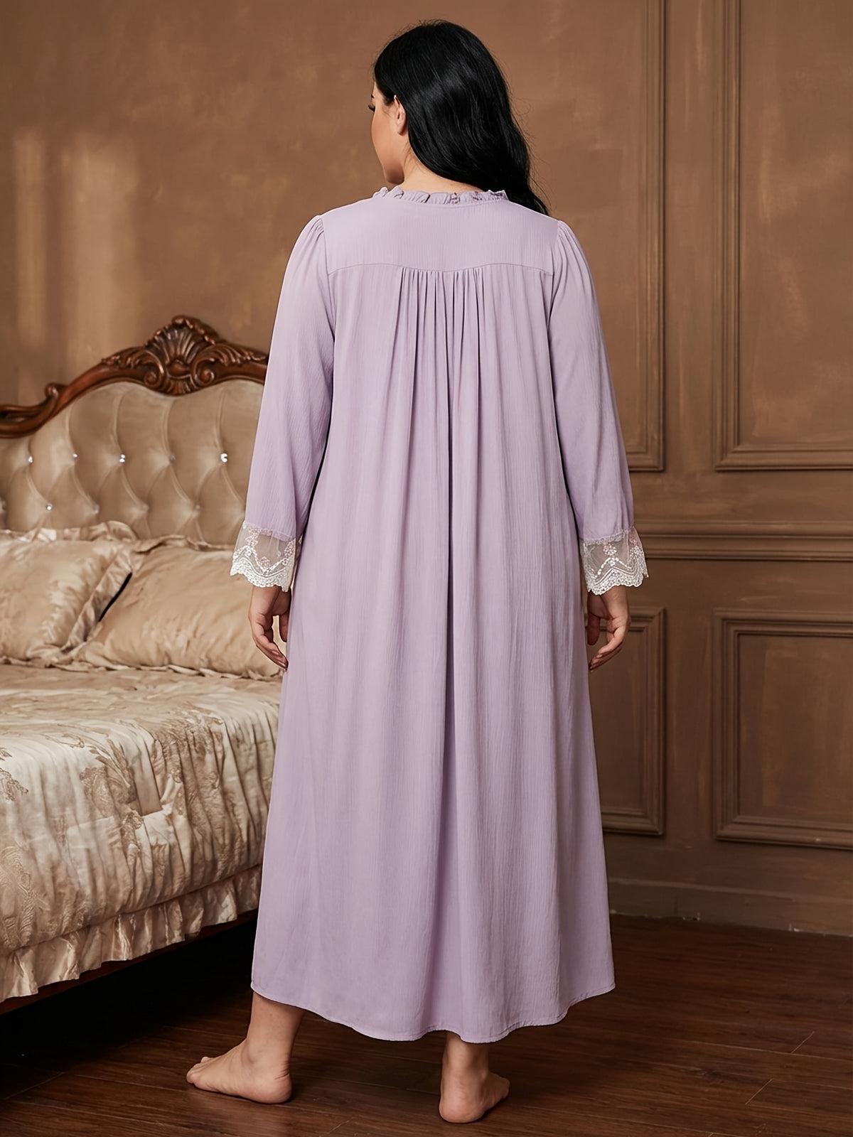 Plus Size Women'S Night Dress | Middle Eastern Style, Non-Stretch Fabric, Floral Pattern, Embroidered Details, All-Season - Light Purple