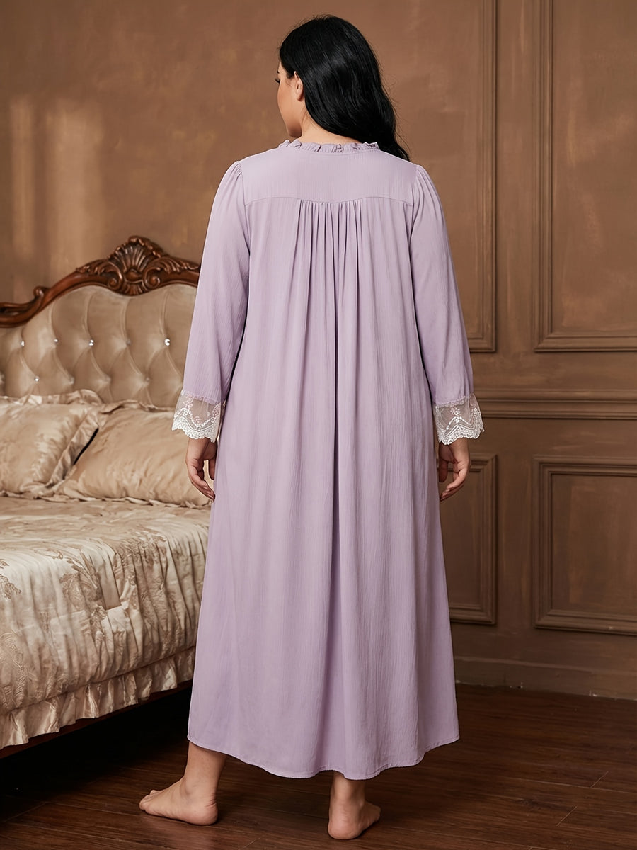 Plus Size Women'S Night Dress | Middle Eastern Style, Non-Stretch Fabric, Floral Pattern, Embroidered Details, All-Season - Light Purple