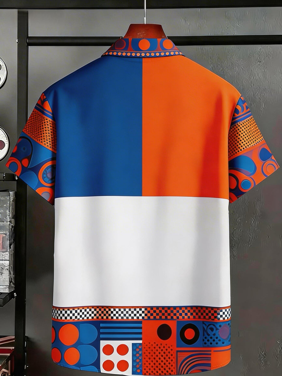 Men's Short-Sleeve Shirt with Stylish Blue and Orange Geometric Print, Color-Blocked Patchwork Casual Shirt, Breathable Summer Top - Mixed colors