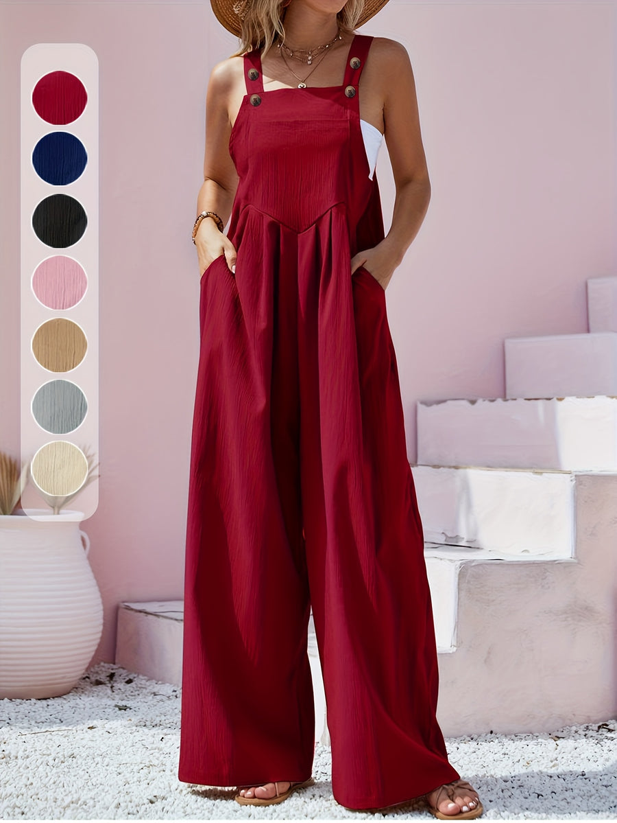 Plus Size - Spring Summer Women'S Plus Size Solid Color Button Bib Jumpsuit - Comfortable Casual Homewear (Front Length with Straps, Measure After Fastening Last Button) - Red