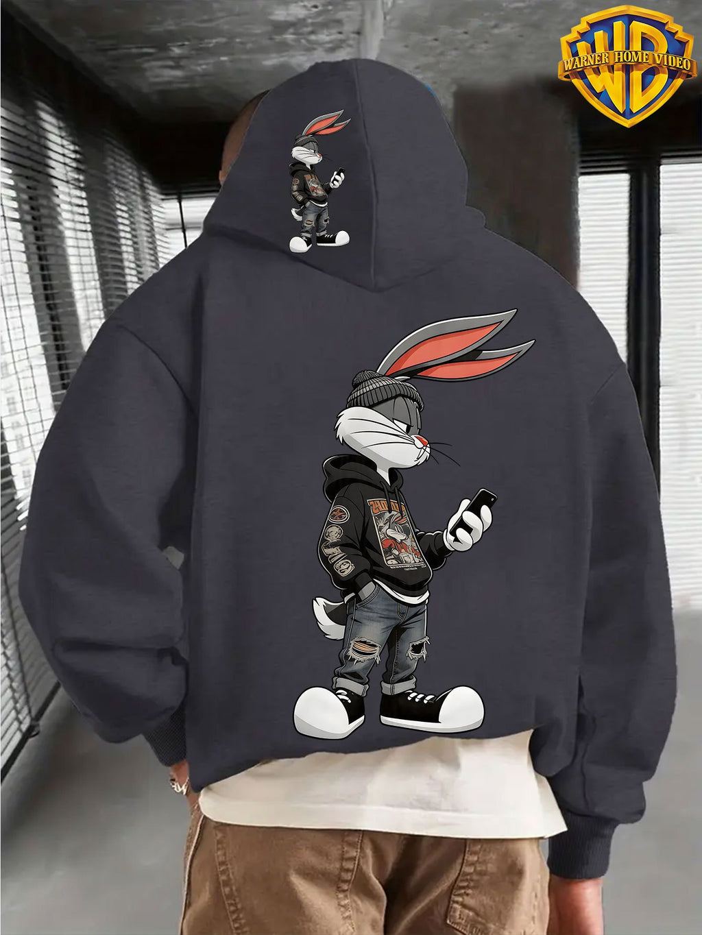 Warner Authorized Men'S New Trendy Hoodie, Warner'S 'Le Yi Tong' Co-Branded Le Yi Tong Street Style Bunny Print Hoodie, Casual Daily Drawstring Hoodie, Long Sleeve Pullover, Machine Washable, Versatile Sports Casual Loose Men'S Casual Hoodie, Fro - Dark Gray
