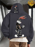 Warner Authorized Men'S New Trendy Hoodie, Warner'S 'Le Yi Tong' Co-Branded Le Yi Tong Street Style Bunny Print Hoodie, Casual Daily Drawstring Hoodie, Long Sleeve Pullover, Machine Washable, Versatile Sports Casual Loose Men'S Casual Hoodie, Fro - Dark Gray