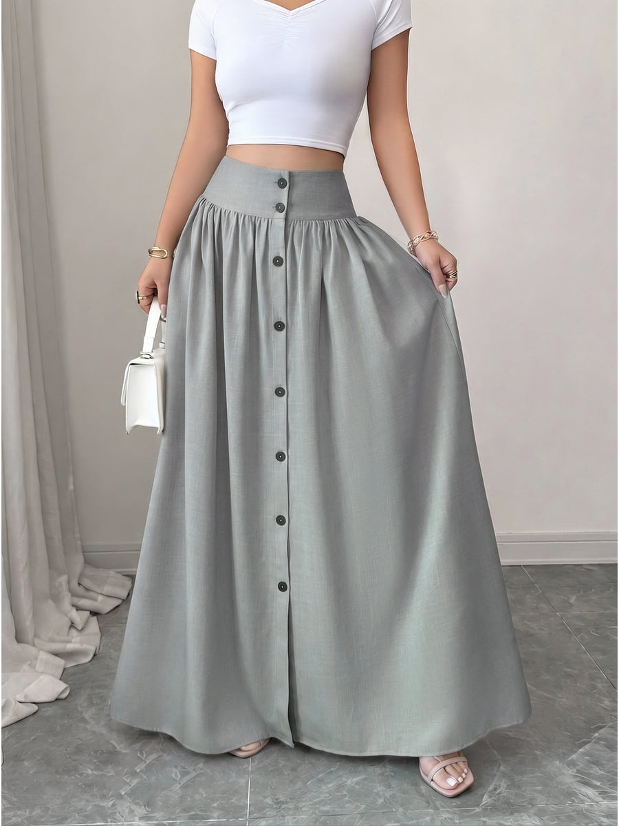 Women'S Button-Long Skirt, Fashionable Versatile Vacation Office Christmas Date Spring Autumn New - Grey