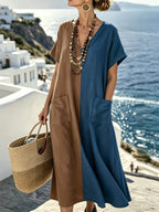 Plus Size, Bohemian Color-Block Vacation Style Patchwork Maxi Dress, V-Neck Loose Fit Fashionable Vintage Plus Size Dress - Blue