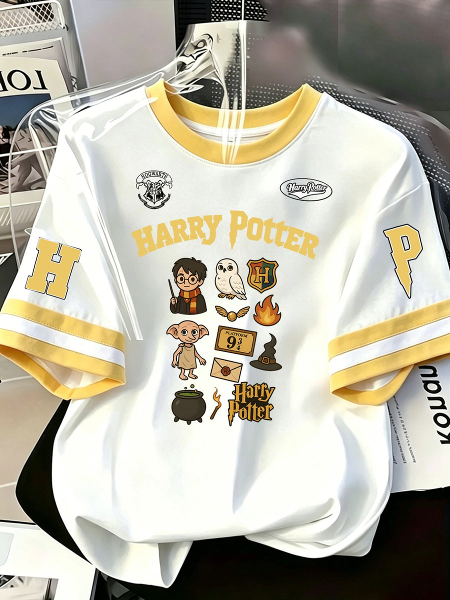 Women'S Round Neck Short-Sleeved T-Shirt Casual Women'S Clothing, Contrasting Color Striped Sleeve Design, "Harry Potter" Cartoon Sticker Style Pattern Print, Short-Sleeved Women'S Top Summer, Soft And Comfortable Short-Sleeved - White Fight Yellow