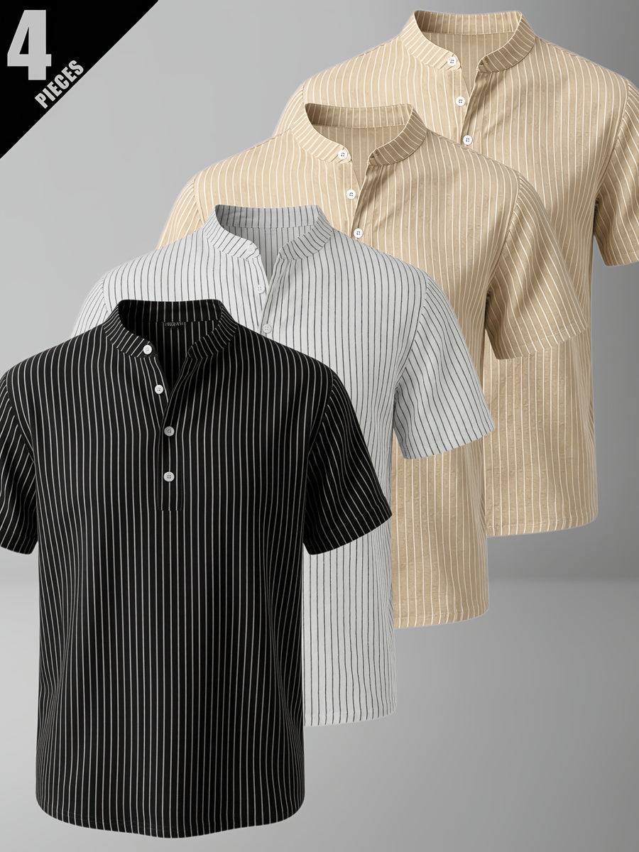 4pcs Men'S Casual Striped Linen Blend Henley Shirts, Breathable Short Sleeve Summer Tops, Suitable for Daily, Beach, And Vacation - Mixed Color 12