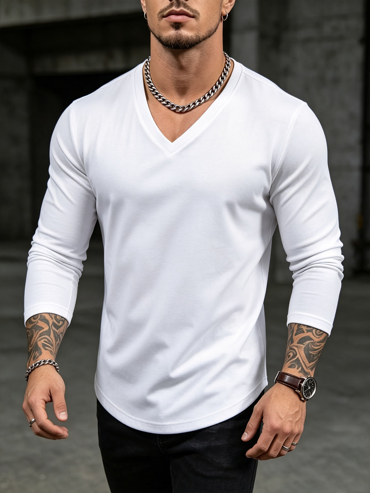 Mens V-Neck Long Sleeve Tshirt Ribbed Knit Stretch Slim Fit Casual Date Work Daily Fall Top - White