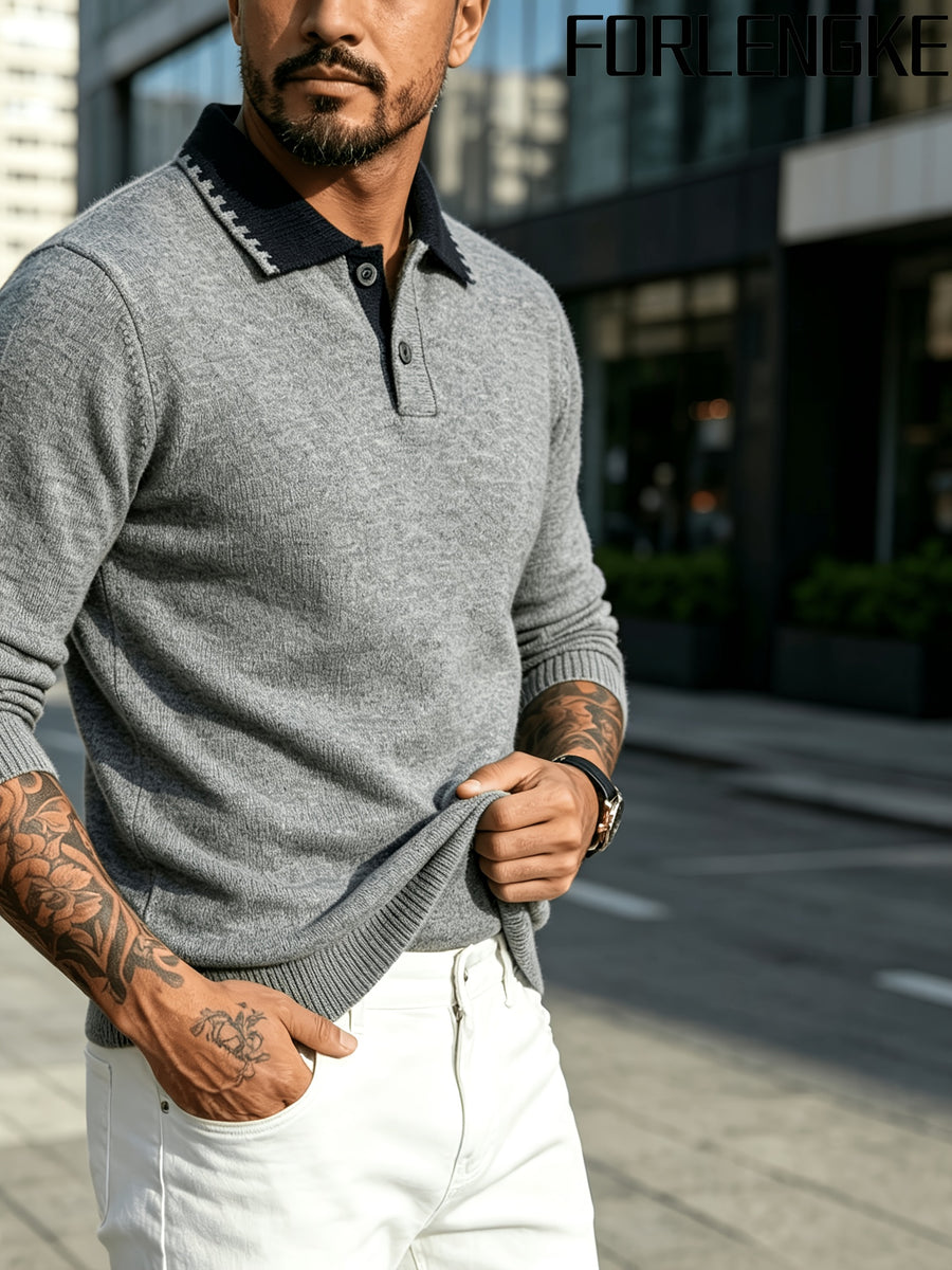 FORLENGKE Stylish Elegant Men'S Business Casual Color Block Lapel Polo Knit Sweater, Soft Skin-Friendly Thick Long Sleeve Pullover for Fall Winter Office Daily Wear - Grey
