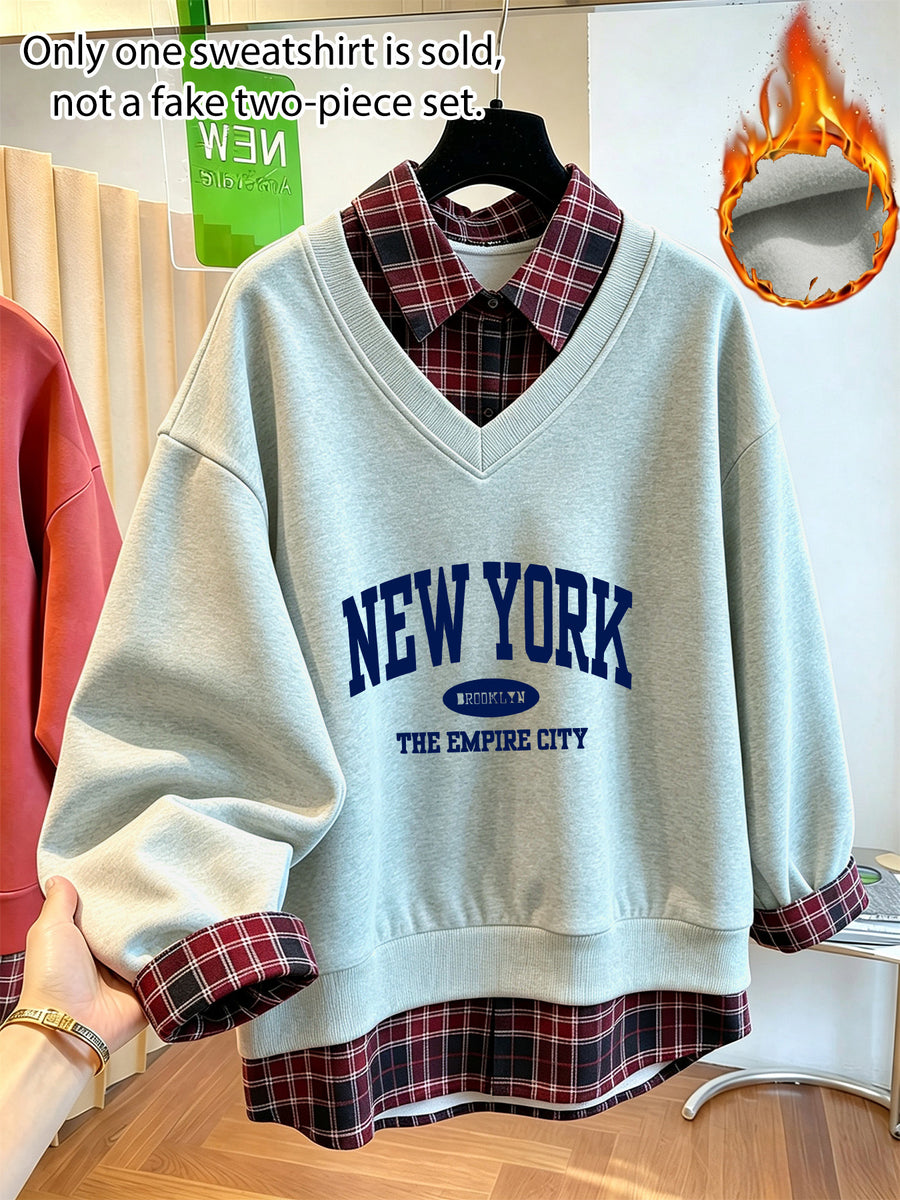 Fall Winter Essential V-Neck Warm Sweatshirt, Printed Pattern Design, Thickened And Fleece-Lined Comfortable Soft, Suitable for Various Dressing Styles, Perfect for Layering, Matching with Various Bottoms, Daily Office Commute - Light Grey