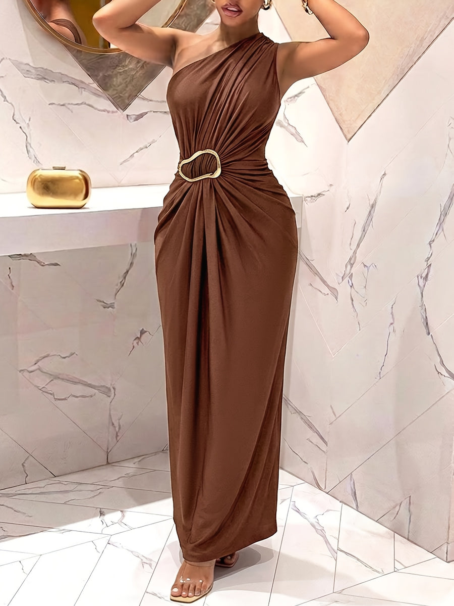 Summer Women'S Light Luxury Solid Color Off-Shoulder Long Dress, Metal Buckle Embellishment Ruched -Hugging Design, Elegant Party Outfit - Coffee Brown