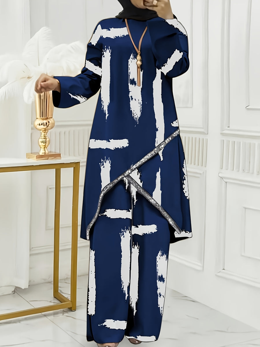 720-Spring And Summer Muslim Two-Piece Round Neck Sequined Long Sleeve Shirt Wide Leg Pants Casual Set - Royal Blue