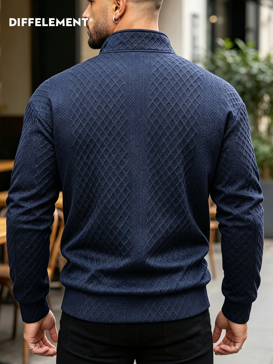 Men's Stand-Up Collar Zip-Up Knit Jacket for Daily Outings, Windproof and Casual, Reversible for Indoor/Outdoor Wear, Diamond Jacquard Breathable Knit Fabric, Slim Fit Short Style with Stand-Up Collar, Suitable for Coffee Shops - Blue