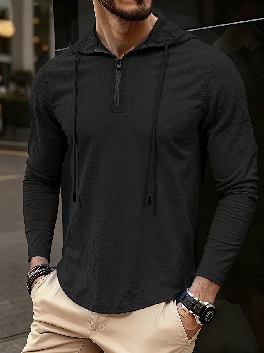 Men's Casual Vacation Style Half-Zip Hoodie, Lightweight and Breathable Material, for Outdoor Streetwear and Beachside Leisure Wear - Black
