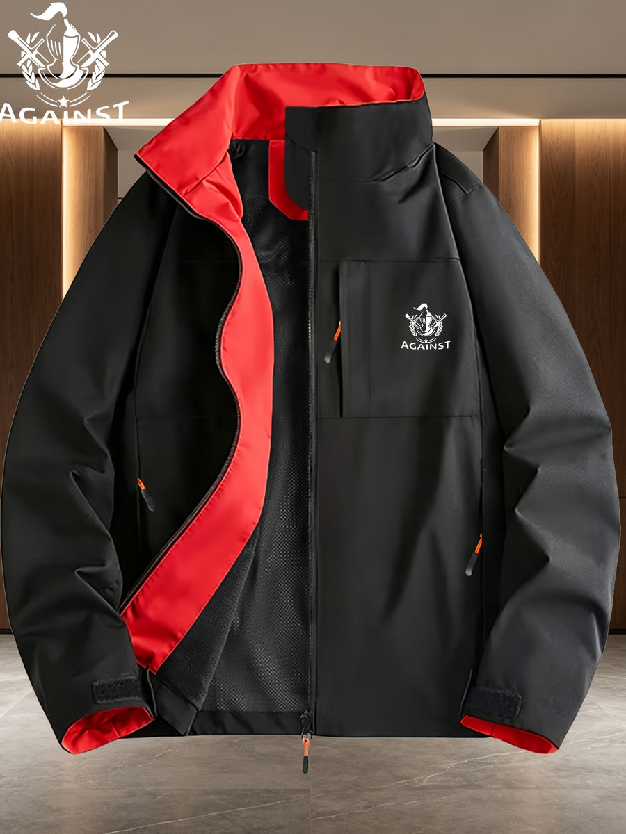 Double Sword Torch AGAINST Vintage Badge Navy Lining Stand-Up Collar Windproof Jacket Men Women Spring Autumn White Multi-Pocket Outdoor Windbreaker, Solid, Loose Fit, Long Sleeve, Zip - Black